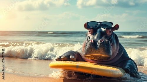 A cute hippopotamus surfer enjoys a fun-filled summer day at the beach, riding waves with enthusiasm, Ai Generated. © Crazy Juke