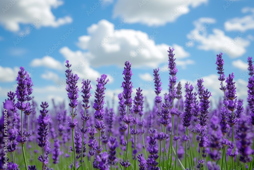 Naklejka premium field of lavender, with a blue sky and white clouds in the background