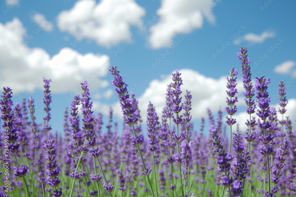 Obraz premium field of lavender, with a blue sky and white clouds in the background