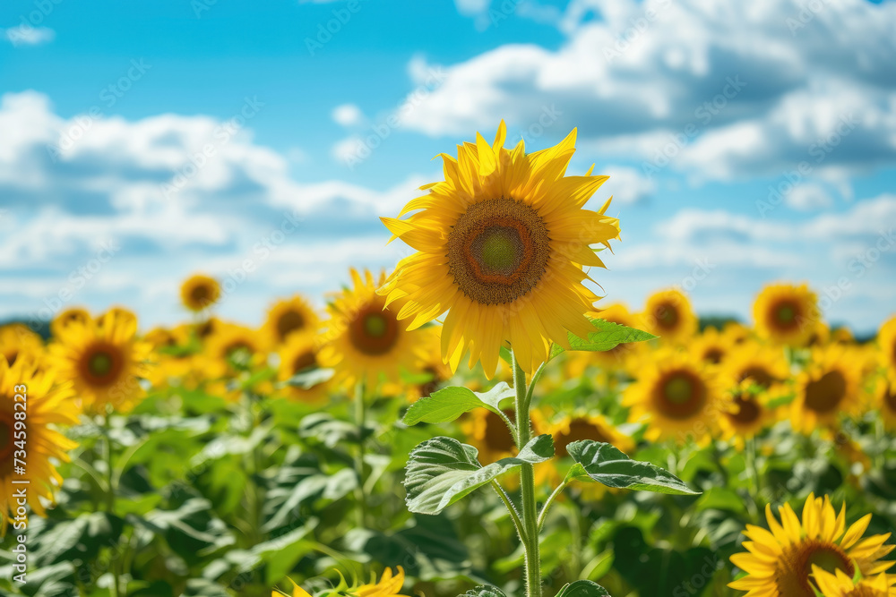 field of sunflowers, with a blue sky and white clouds in the background