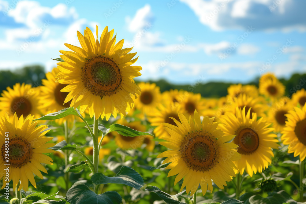 field of sunflowers, with a blue sky and white clouds in the background field of sunflowers, with a blue sky and white clouds in the background