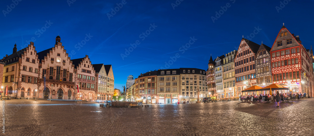 Frankfurt Germany, night panorama city skyline at Romer old town square
