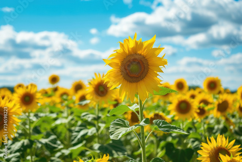 field of sunflowers  with a blue sky and white clouds in the background
