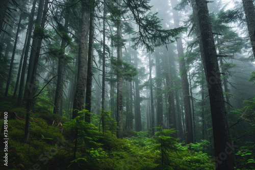 forest with a misty fog and tall trees