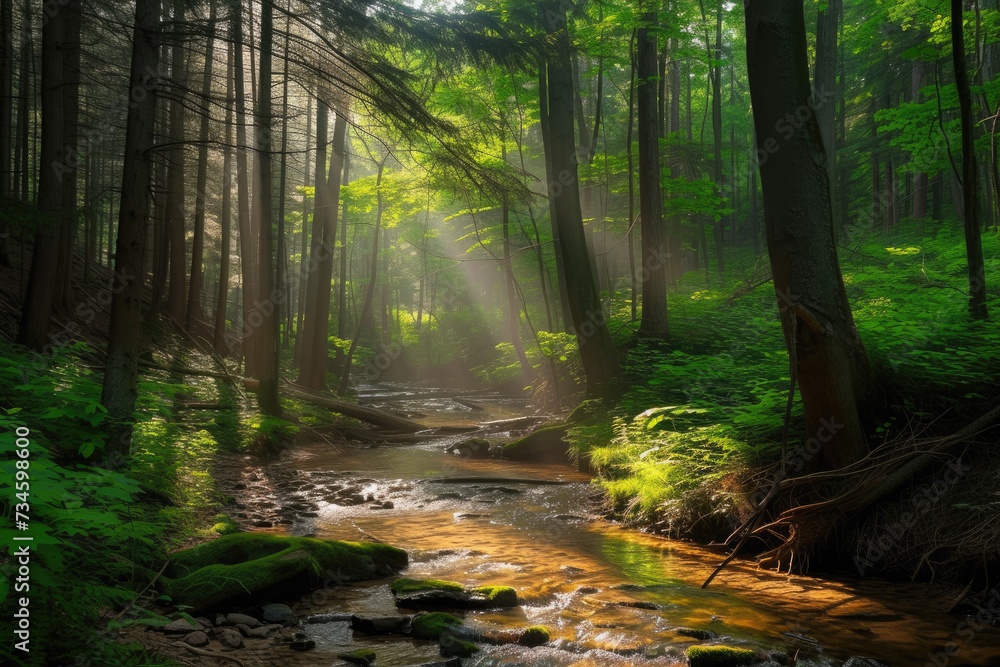 Obraz premium forest with a stream running through it, with sunlight filtering through the trees