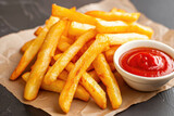 french fry with a golden color and a ketchup and a professional overlay on the grab