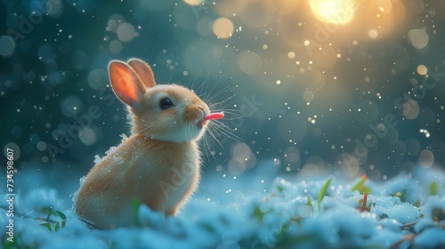 Funny little bunny rejoices the first snow encounter at sunrise. Close up sunny portrait of the having fun rabbit trying to catch snowflakes by its tongue.