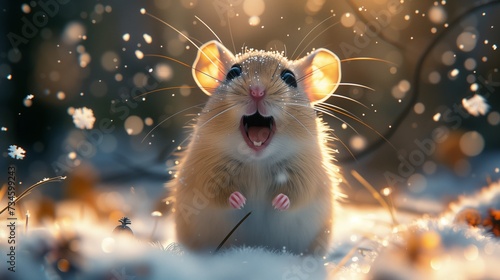Funny portrait of surprised field mouse. Wondering and scared about the first snowfall encounter rodent opened its mouth. photo