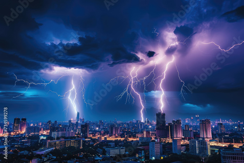 lightning storm over a city skyline  with bolts of lightning striking buildings.