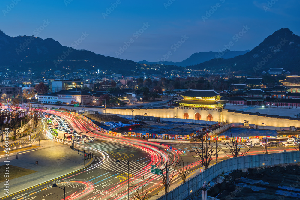 Seoul South Korea, night city skyline at Gwanghwamun Square and Gyeongbokgung Palace