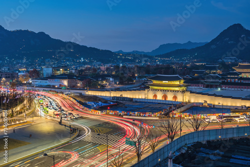 Seoul South Korea, night city skyline at Gwanghwamun Square and Gyeongbokgung...