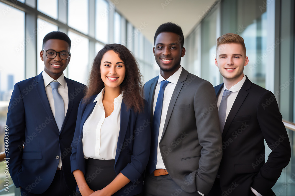 Diverse Team of Young Business Professionals Smiling Confidently in Office. Corporate Teamwork Concept Diverse Team of Young Business Professionals Smiling Confidently in Office. Corporate Teamwork Concept