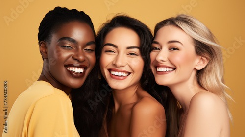 Three Happy Young Women Celebrating Togetherness on a Joyful Yellow Background. Friendship and Diversity Concept