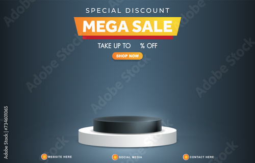 special discount mega sale template banner with blank space 3d podium for product sale with abstract gradient blue and white background design
