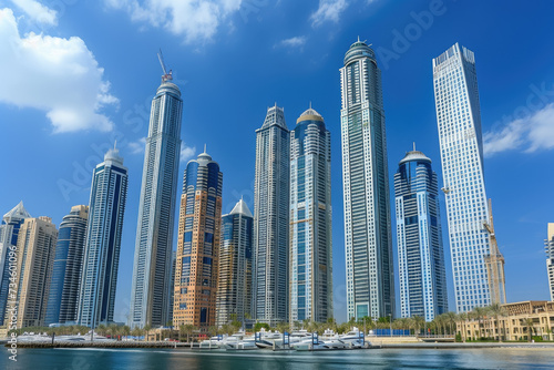 view of a modern city skyline with skyscrapers and a blue sky