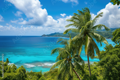 view of a tropical island with palm trees and a blue ocean
