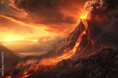 volcanic eruption, with lava flowing down the side of a mountain
