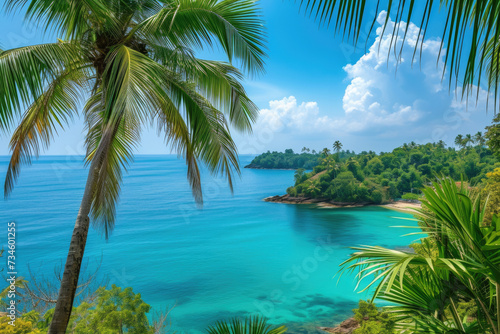 view of a tropical island with palm trees and a blue ocean © Formoney
