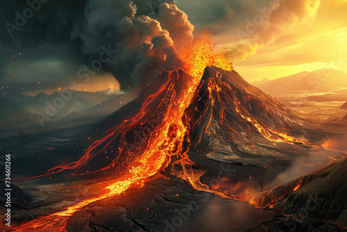 volcanic eruption, with lava flowing down the side of a mountain