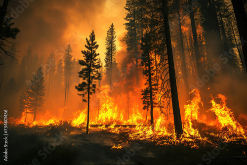 wildfire burning through a forest, with flames © Formoney