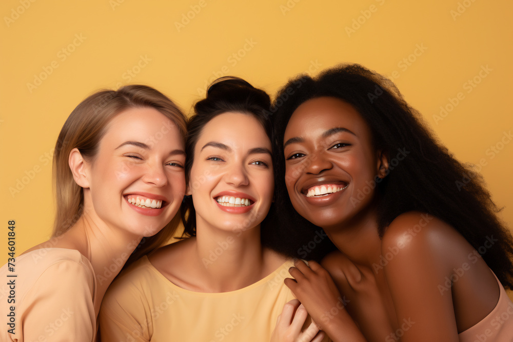 Three Happy Young Women Celebrating Togetherness on a Joyful Yellow Background. Friendship and Diversity Concept Three Happy Young Women Celebrating Togetherness on a Joyful Yellow Background. Friendship and Diversity Concept
