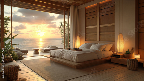 Luxurious resort in Bali style, wood spa room with luxuriously soft fabric bed. The close-up scene has neutral gold tones. Sunset tropical beachfront room with a relaxing and modern style. photo