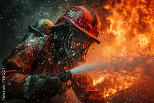 firefighter putting out a fire in a building with a hose