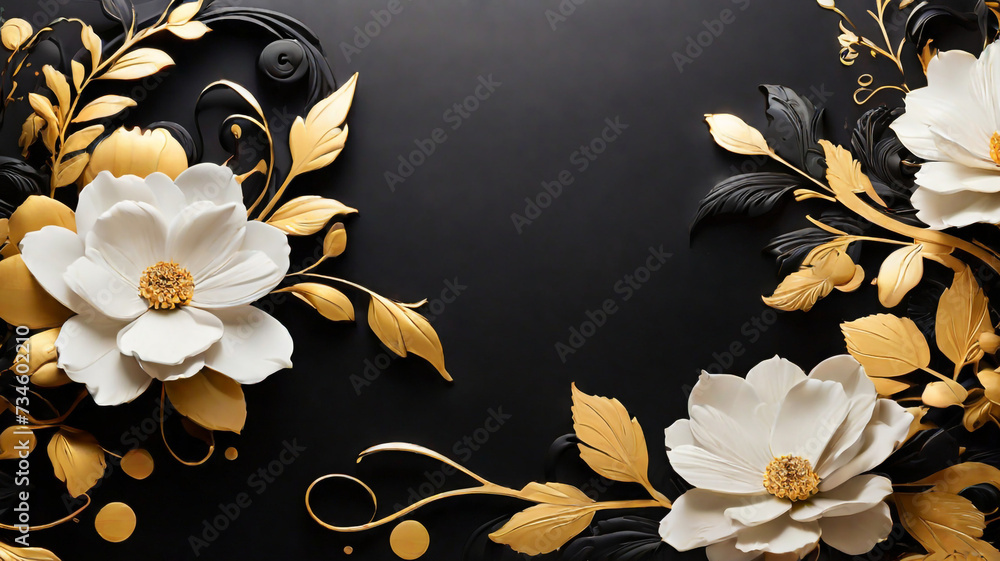 Abstract black and gold and white floral in the corner background