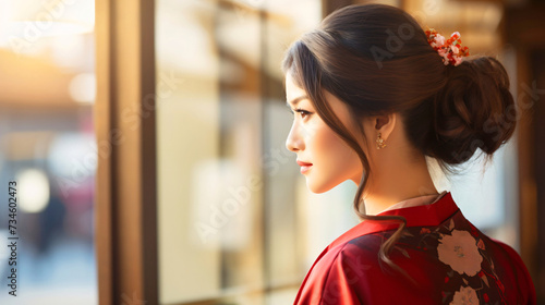 女性の横顔、和服を着た着物姿の日本人女性	 photo