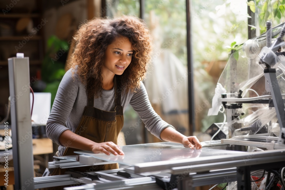 A curly-haired woman makes plastic products on a precision machine in a cozy workshop with plants A curly-haired woman makes plastic products on a precision machine in a cozy workshop with plants