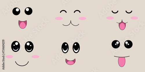 Funny cartoon face expression set isolated. Facial feelings, emoticons upset, happy cute faces set. Vector illustration