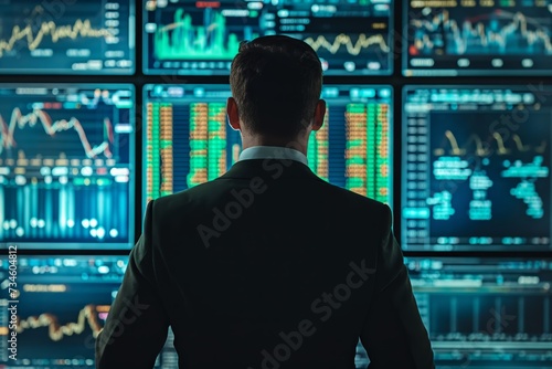  a man is standing in front of an overview of trading screens