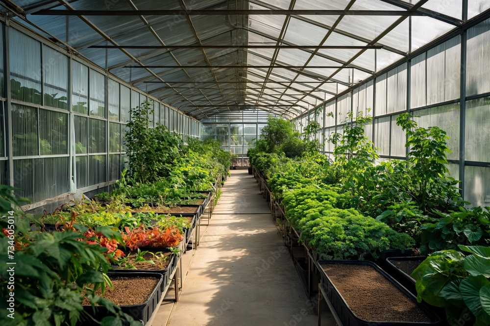 a greenhouse with many plants in it, in the style of linear perspective