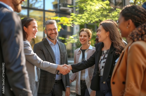 a group of business people shaking hands outdoors