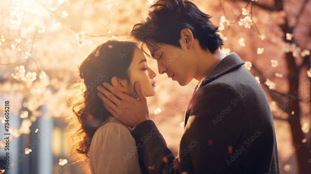 桜舞う春のデート、日本人の男性と女性のカップル 桜舞う春のデート、日本人の男性と女性のカップル