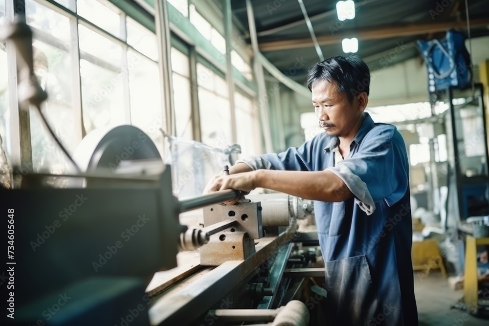 A mustachioed Asian man is turning a piece in a spacious workshop with glass windows