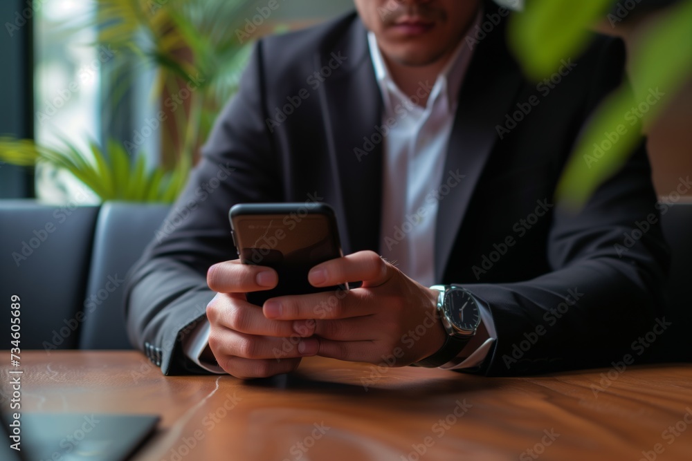 businessman using his smartphone at the table
