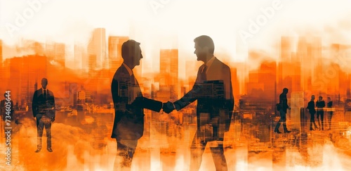 Double exposure image of many business people conference group meeting on city office building in background showing partnership success of business deal. Concept of teamwork, trust and agreement. photo