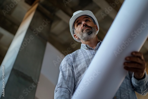 An engineer wearing a hard hat holding a blueprint inspects his work with confidence and determination.