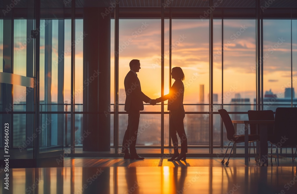 the two business people are shaking hands in front of a meeting room