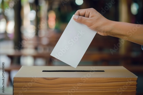 their identity concealed by a black privacy screen, reaches towards a ballot box labeled photo