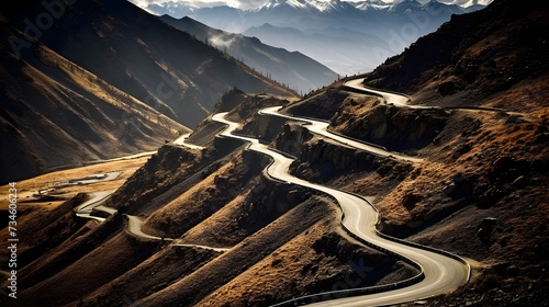 Aerial view from the mountain big rig rollover mountain road,,
Aerial view of Himalayas mountains, Himachal Pradesh, India, Mountain Pass, Mountains windy roads, aerial view photo