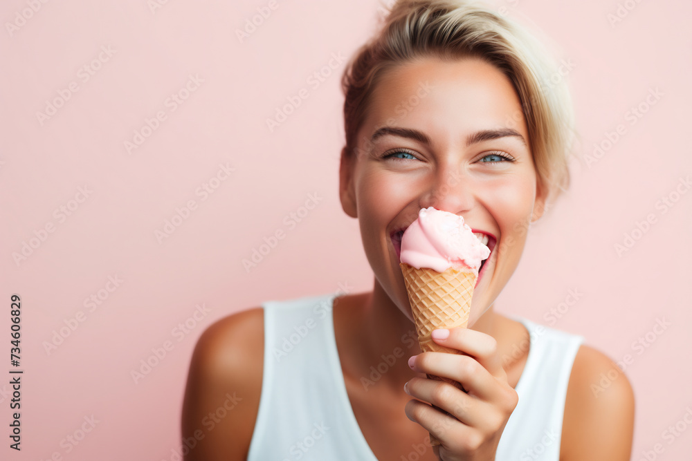 Joyful Young Woman Enjoying a Strawberry Ice Cream Cone. Summer Treat and Happiness Concept Joyful Young Woman Enjoying a Strawberry Ice Cream Cone. Summer Treat and Happiness Concept