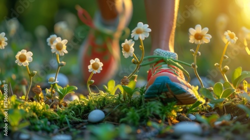 Runner's legs with colorful shoes, surrounded by happy, swaying flowers. The runner's colorful shoes stand out among the smiling flowers.