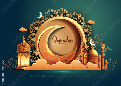 Ramadan Kareem art greetings with golden mosque and green background. abstract vector illustration design.