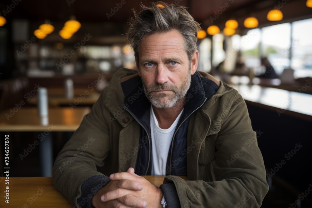 Portrait of mature man sitting at table in coffee shop and looking at camera Portrait of mature man sitting at table in coffee shop and looking at camera
