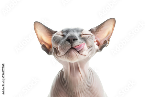 Hairless Sphynx cat licking it's lips, isolated on transparent background.