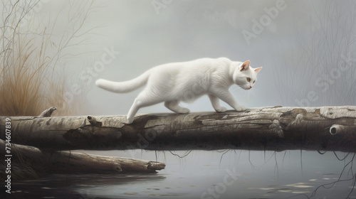 森の木の橋を渡っている白ネコ © ZUNTA