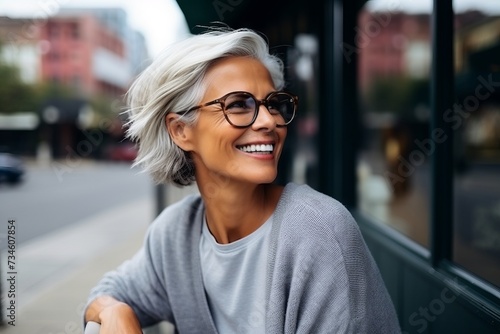Portrait of smiling mature woman in eyeglasses looking away outdoors