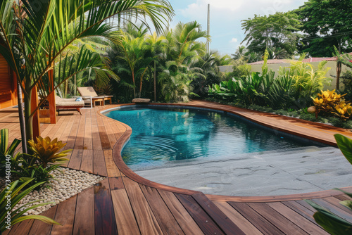 The exterior of a back garden patio area with wood decking, tropical plants, a mini pool © Kien